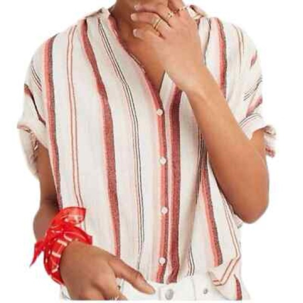 Madewell Striped Short Sleeve Button Up Shirt XS Linen Blend Tie Front